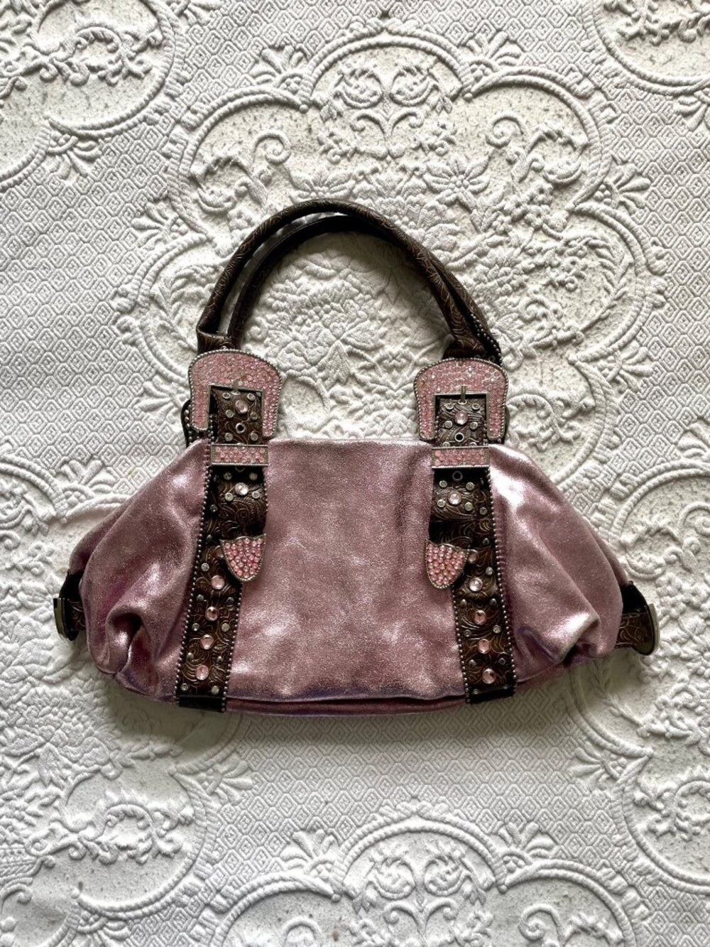 SOLD Vintage Y2K Charm + Luck Western San Antonio Leather Rhinestone Satchel Bag - Picture 2 of 16